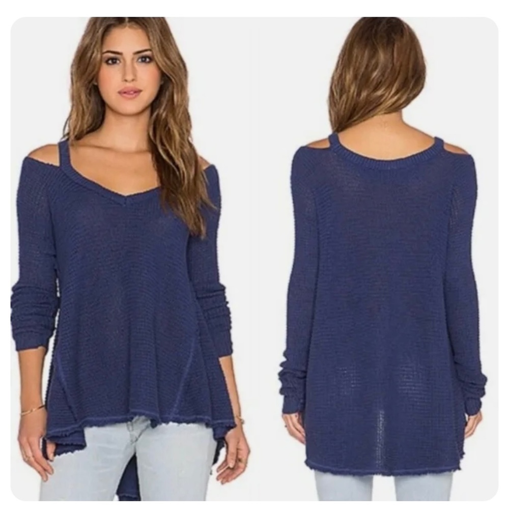 Free People Moonshine Navy, V-Neck Long Sleeve Sweater, Raw Edge, Size Small - Picture 5 of 12
